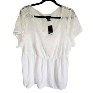 Torrid 2 Georgette Lace Trim Babydoll Blouse Top White Cinch Waist SS NWT RV $43